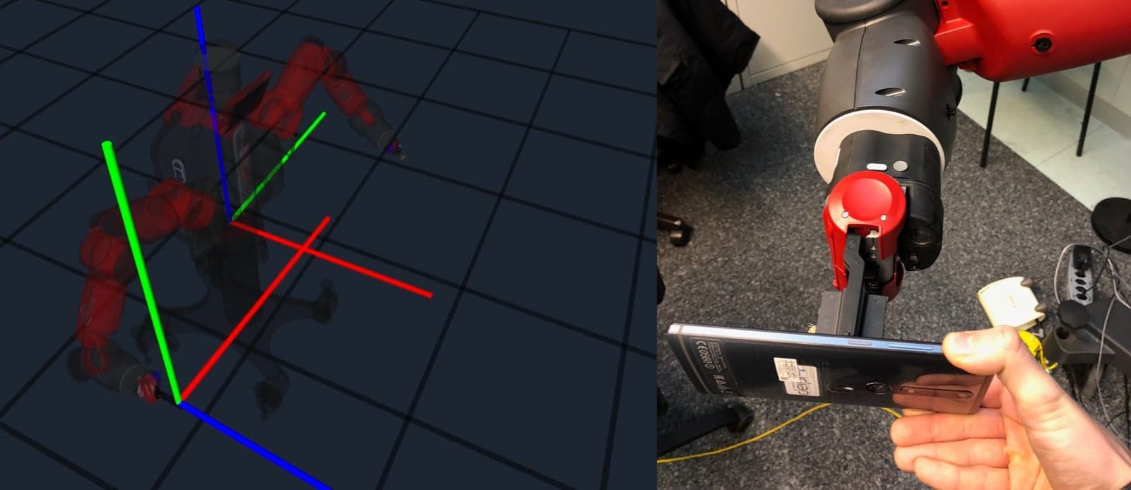 Calibration step screenshot showing Baxter robot arm positioning for camera alignment