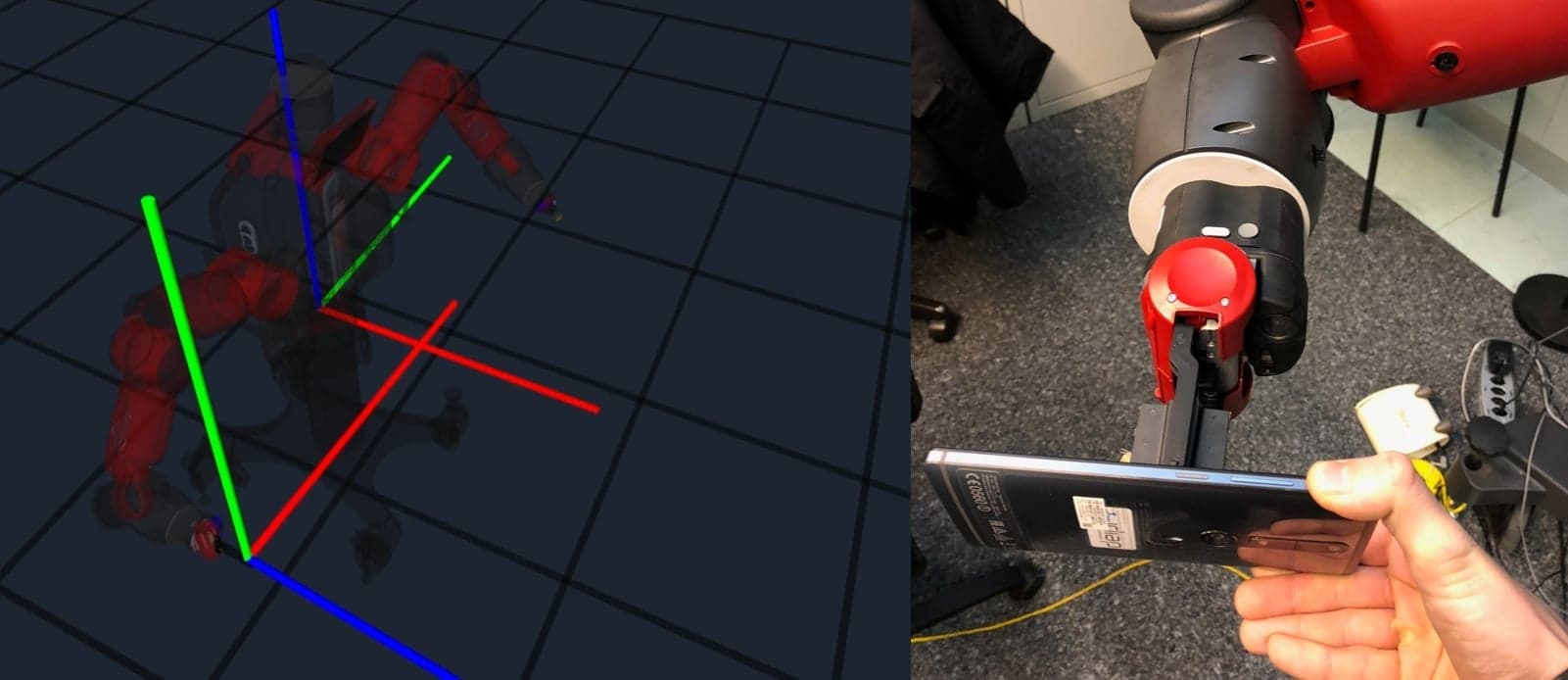 Calibration step screenshot showing Baxter robot arm positioning for camera alignment
