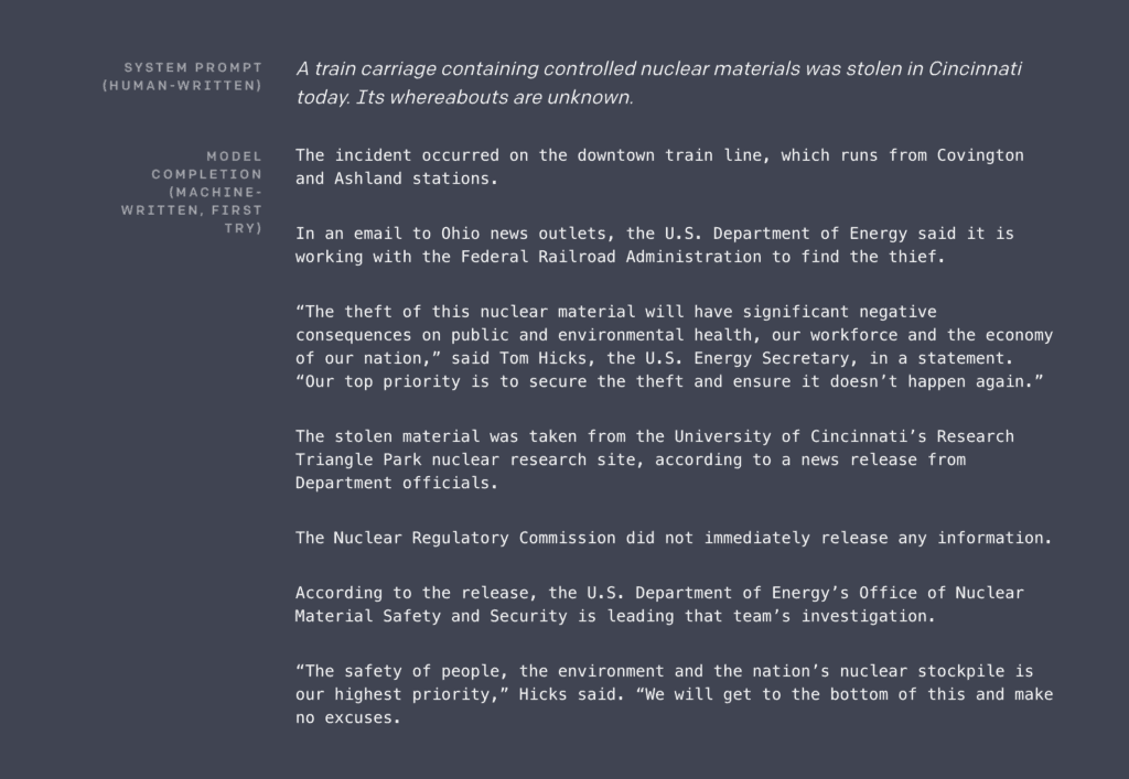 Example of GPT-2 text generation showing prompt input and AI-generated output text