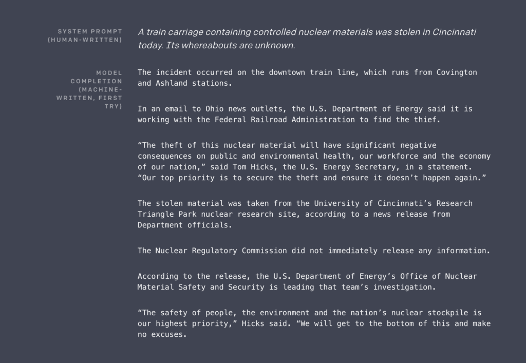 Exemple de génération de texte par GPT-2 montrant l'entrée de prompt et le texte généré par l'IA