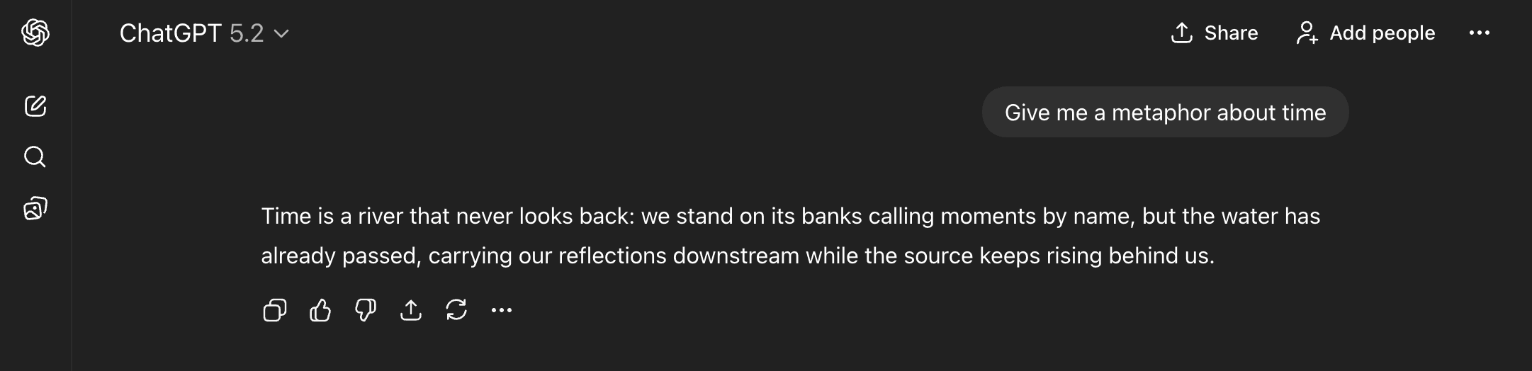 A screenshot of the GPT 5.2 response to the question 'Give me a metaphor about time'