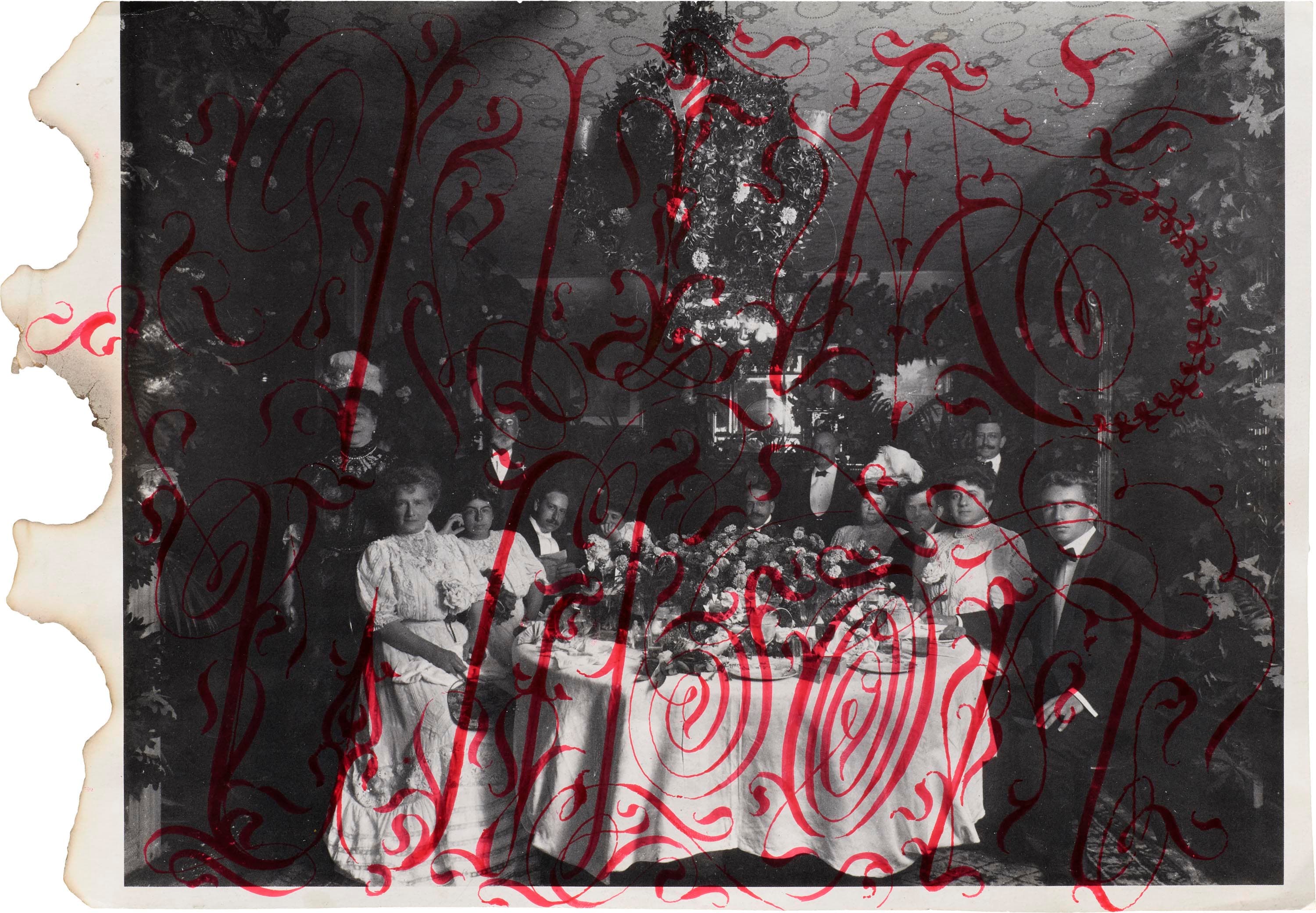 An Edwardian group portrait at a dinner table, overwritten with sweeping red calligraphic flourishes